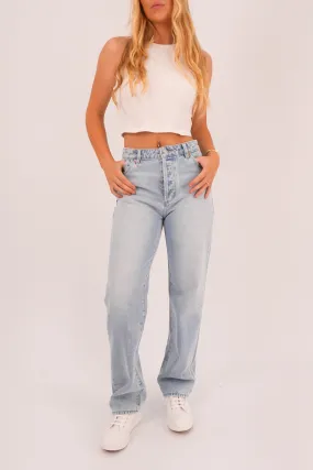 90s Relaxed Jean Long Beach Worn Button Fly Closure Modern Textured