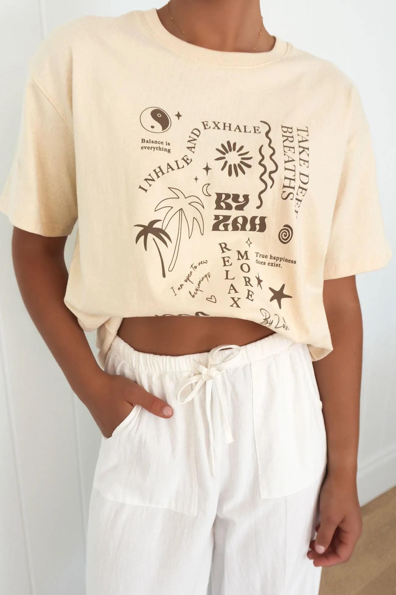 Layered Sleeve Construction EcoFriendly Dye ZAH Exhale Tee Beige