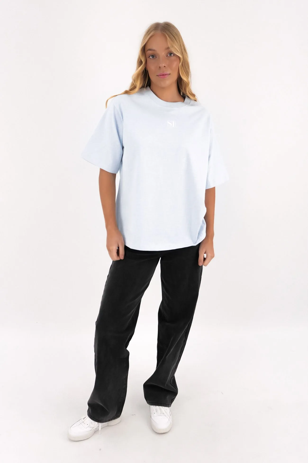 Silent Luxe Tee Blue Biodegradable Textile Layered Shoulder Design