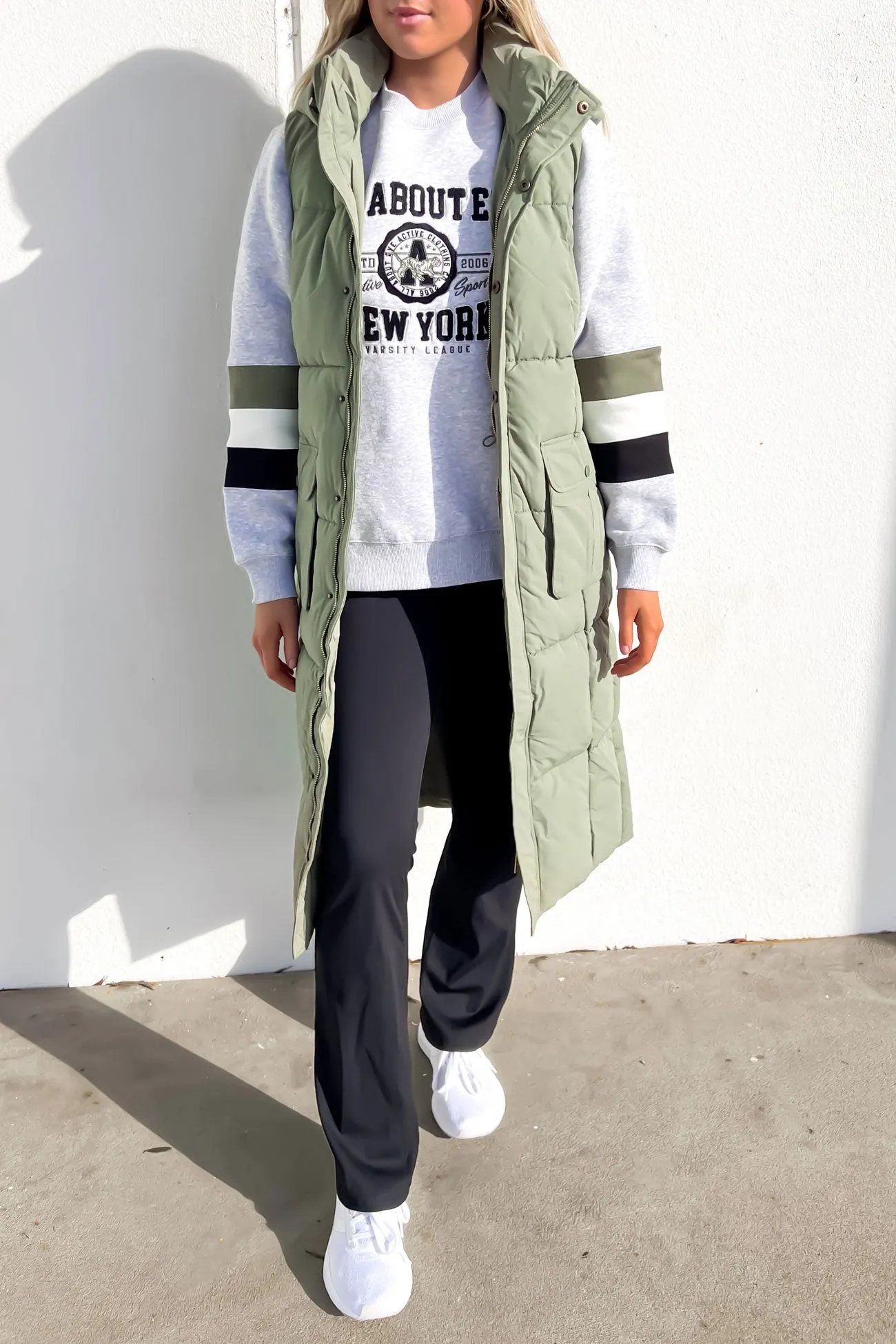 Sleek Comfort Contrast Stitch Active Midi Vest Khaki