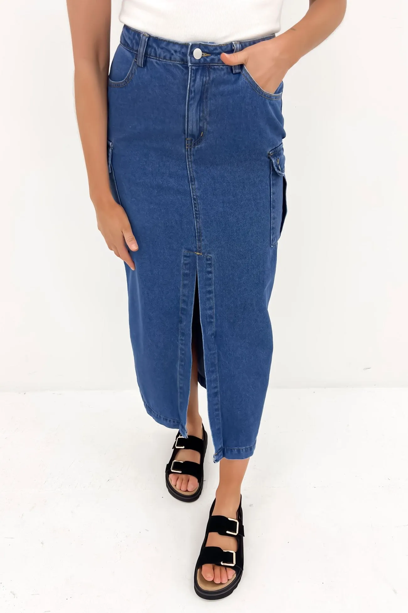 Outfit Diary Citra Cargo Denim Midi Skirt Blue