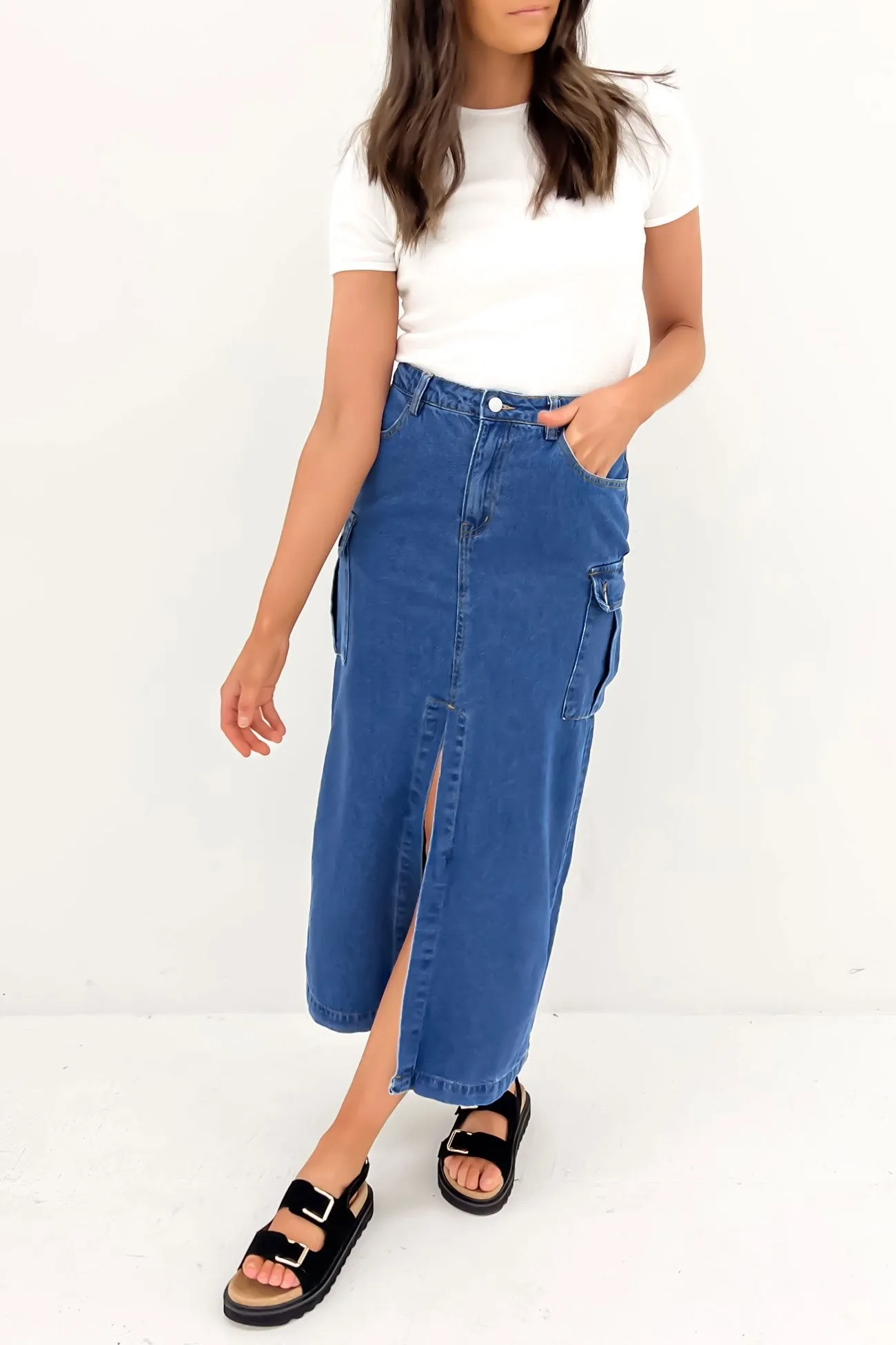 Citra Cargo Denim Midi Skirt Blue Elasticized Hem