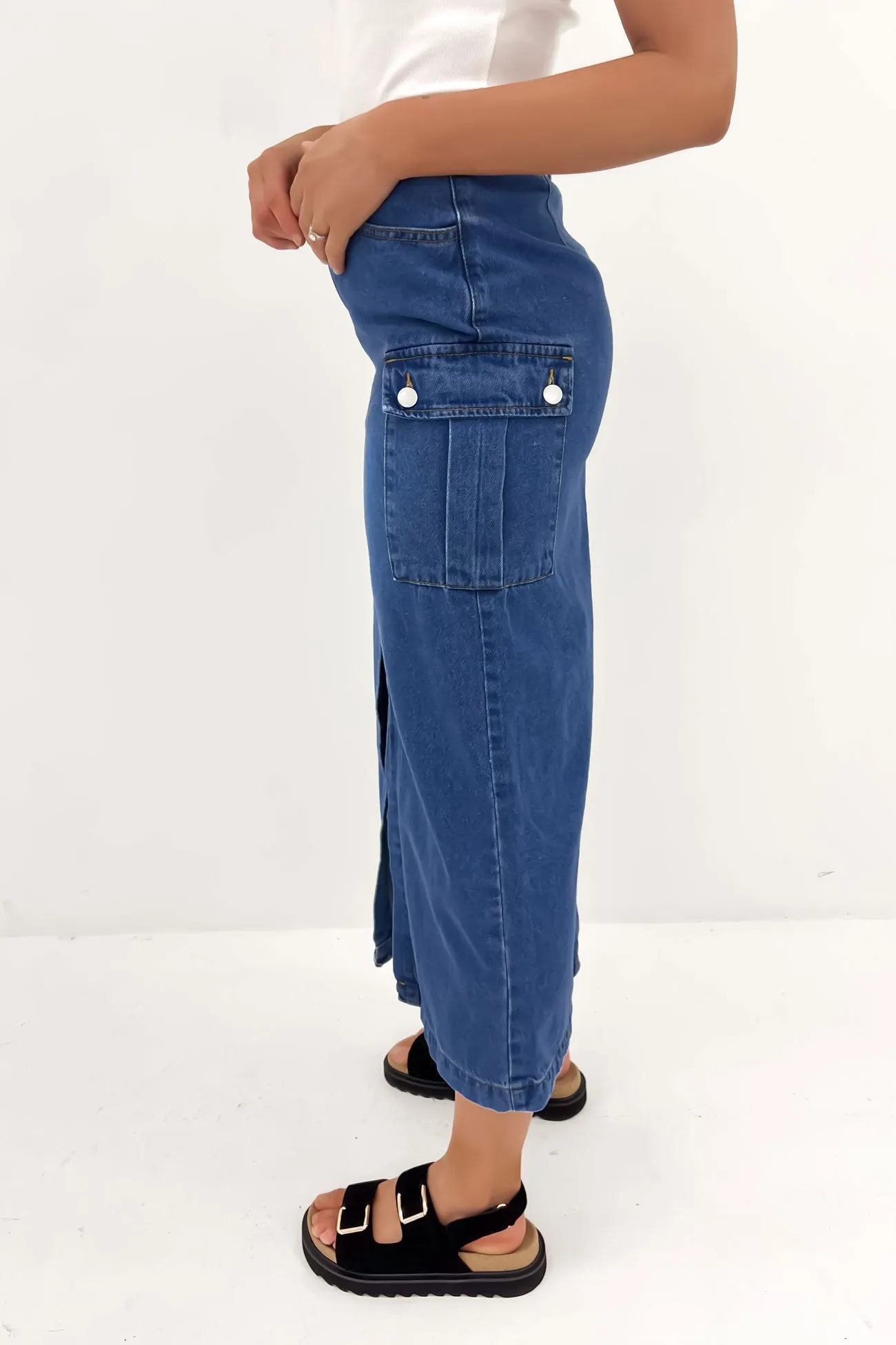 Citra Cargo Denim Midi Skirt Blue Side Slit Friction Free