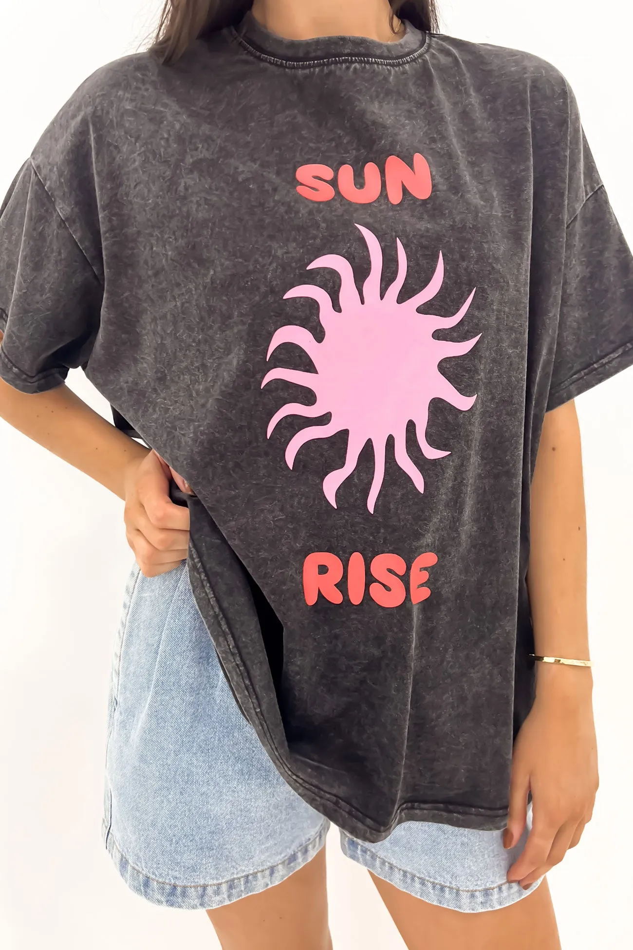 Heather Jersey Material Athletic Comfort Wear Sun Rise Tee Black Acid Wash