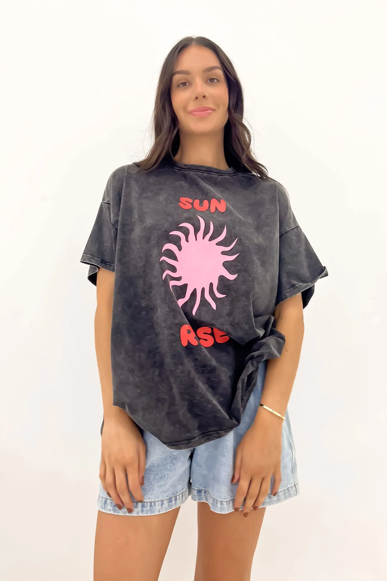 Anti Static Fabric Tight Fit Sun Rise Tee Black Acid Wash