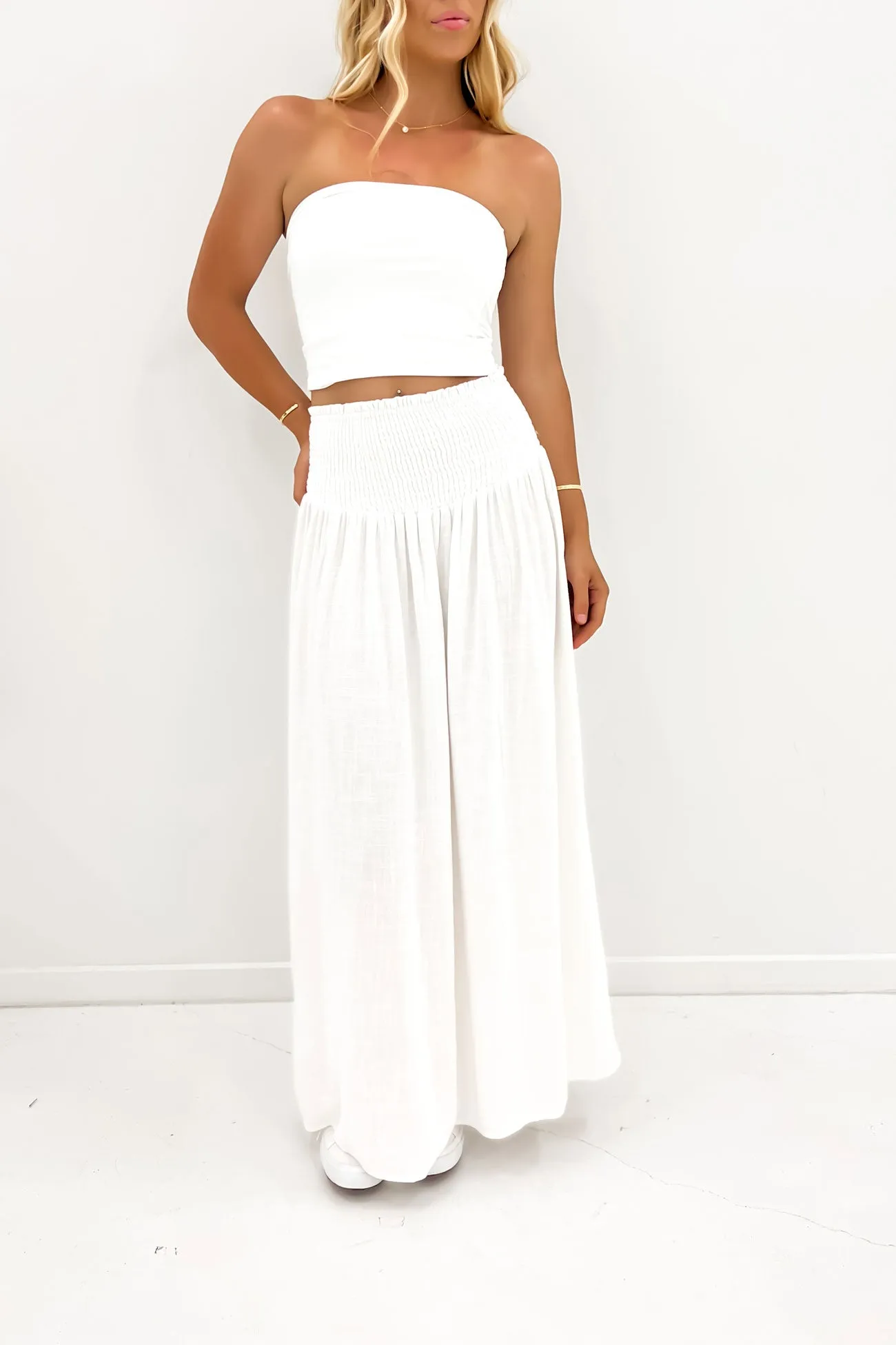 muted tone Fashion Week Ready Luxe Linen Shirred Maxi Skirt Vintage White