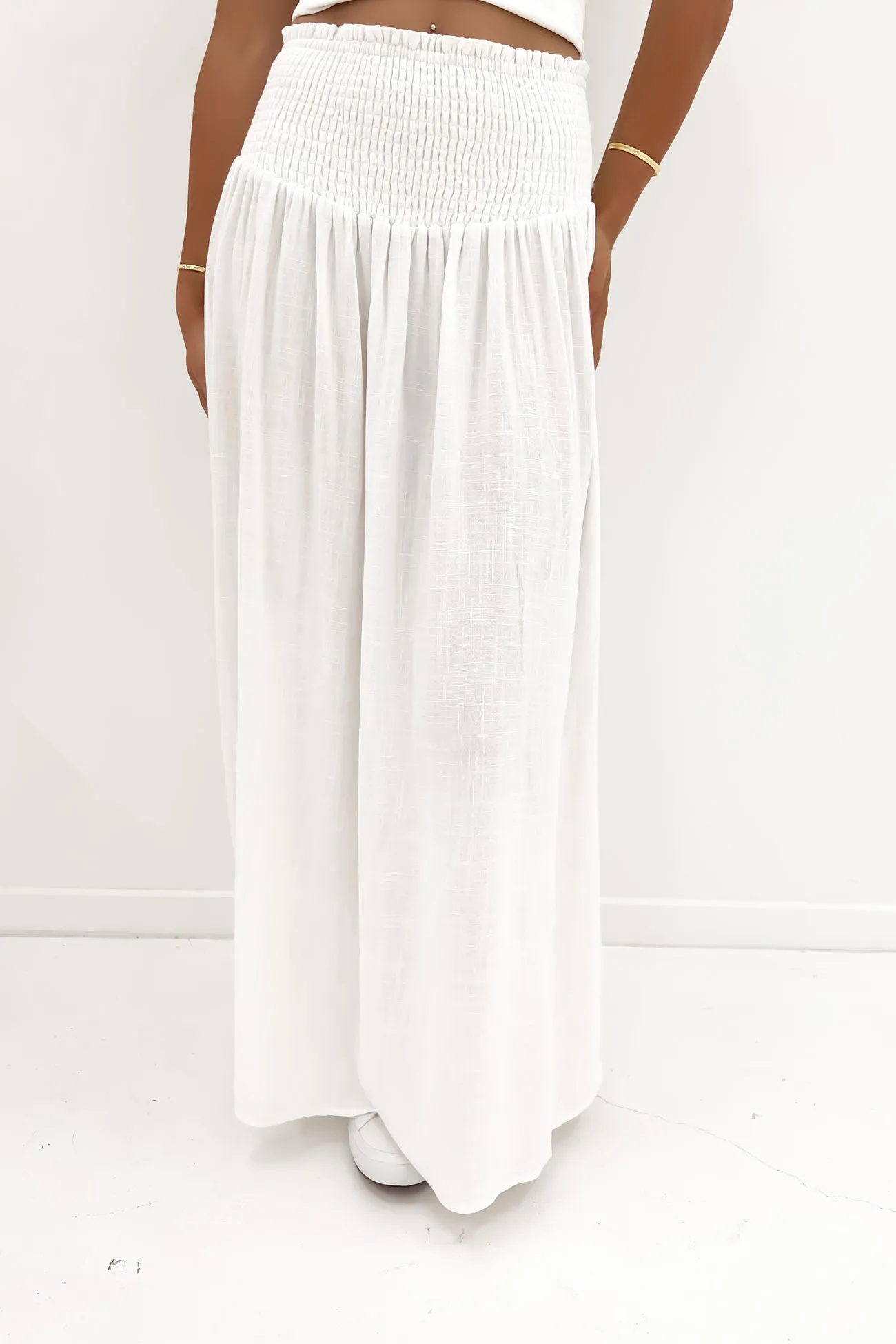 Luxe Linen Shirred Maxi Skirt Vintage White Subtle Shimmer