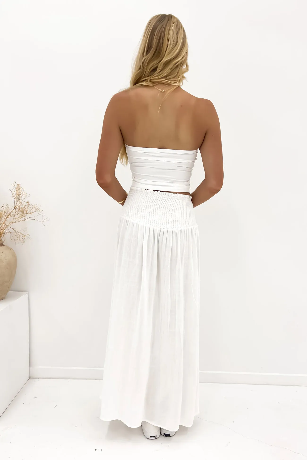 Luxe Linen Shirred Maxi Skirt Vintage White premium fabric Pocket Design
