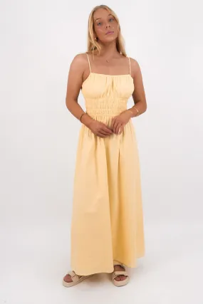 Elegant Cut Chill Detail Alessa Linen Maxi Dress Yellow