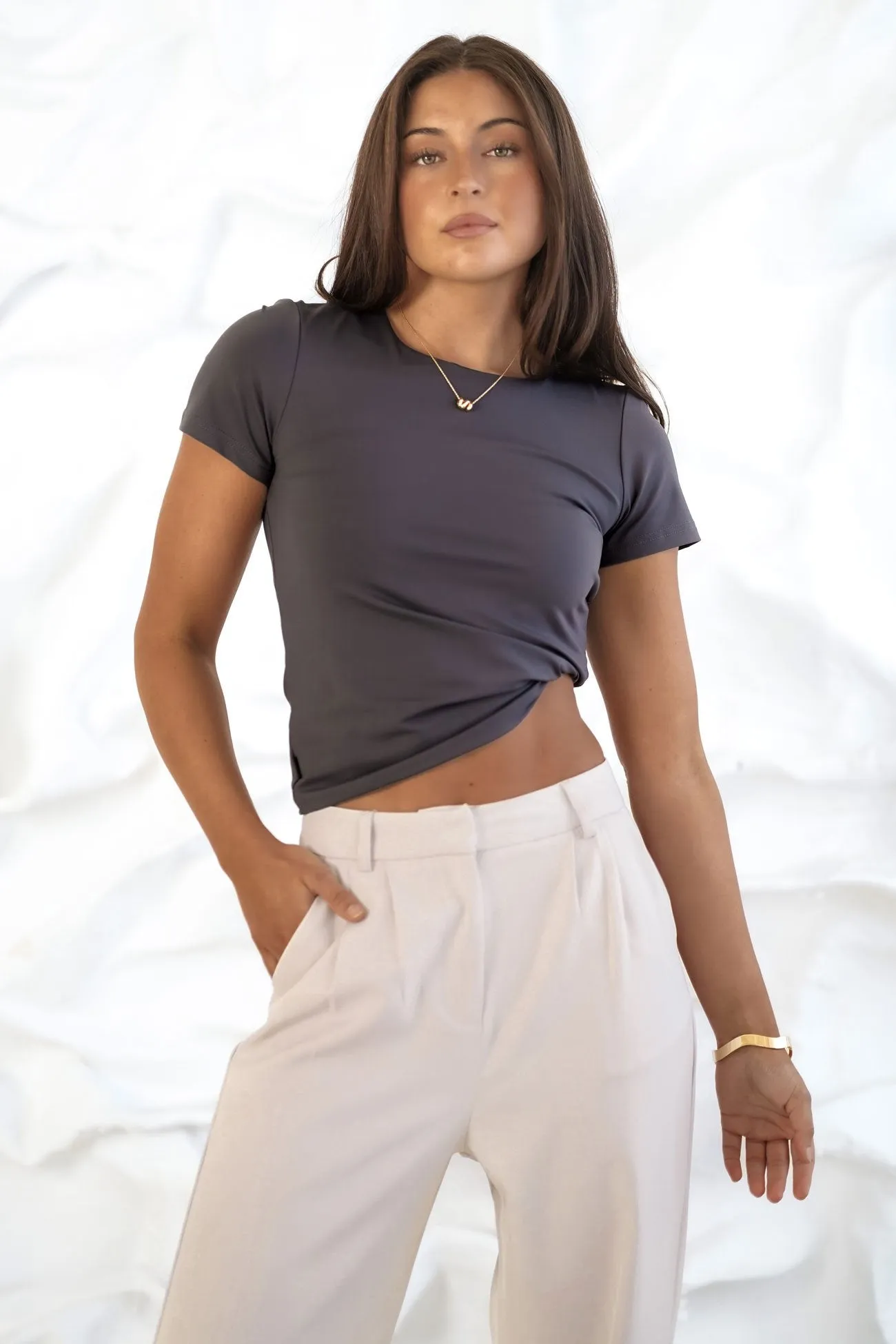Alex Smooth Tee Charcoal Micro Perforated Fabric Chic Vibe
