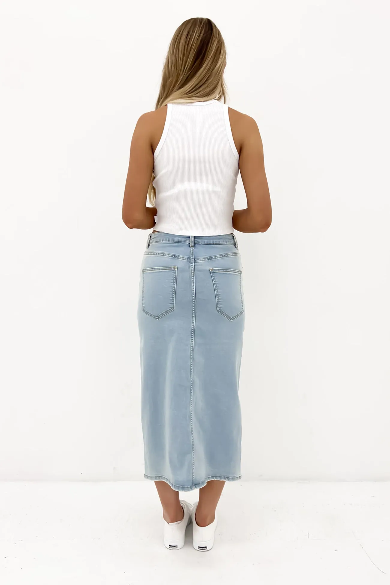 Influencer Style Alivia Denim Midi Skirt Light Blue