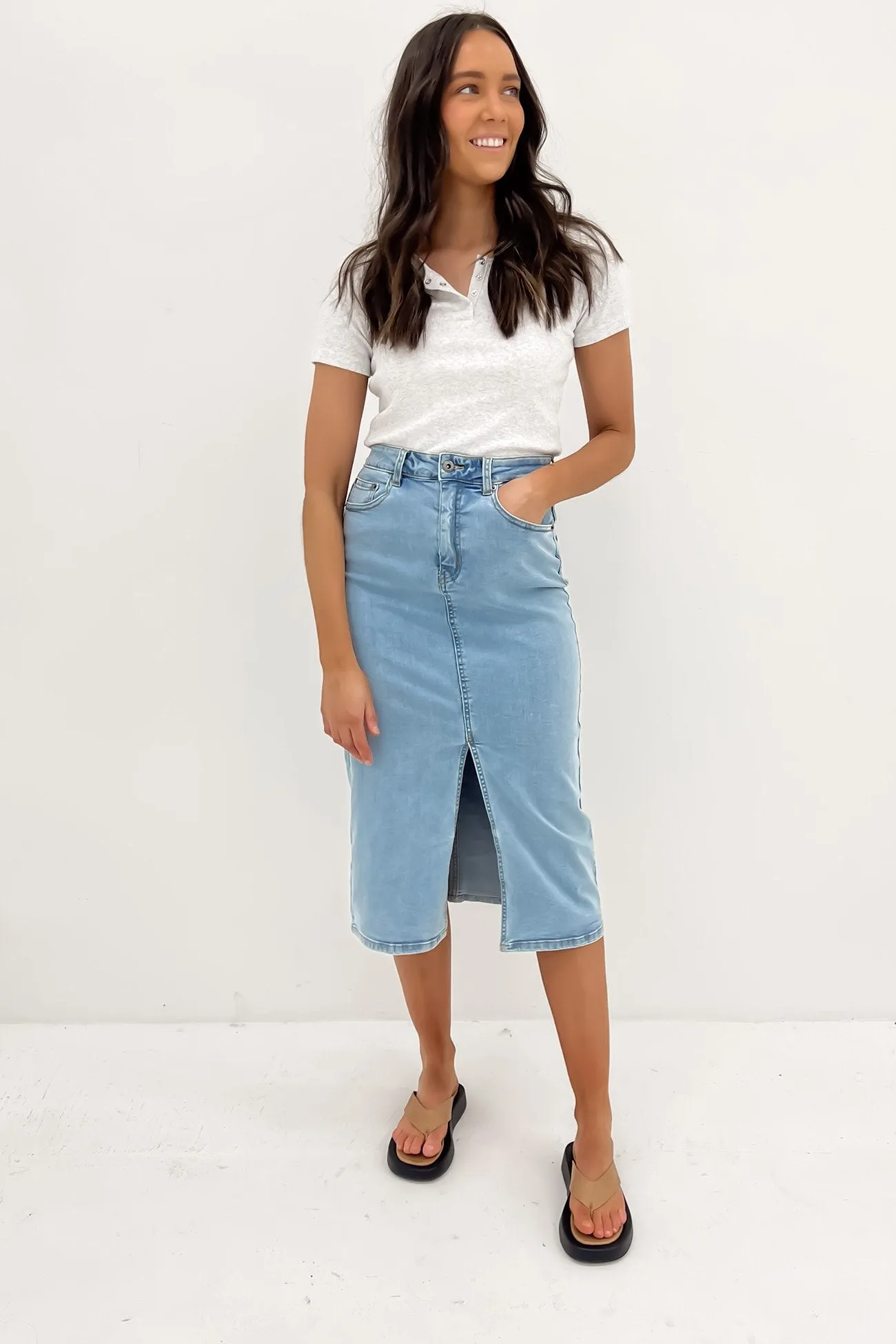 Alivia Denim Midi Skirt Light Blue Laid Back Look Senior Style