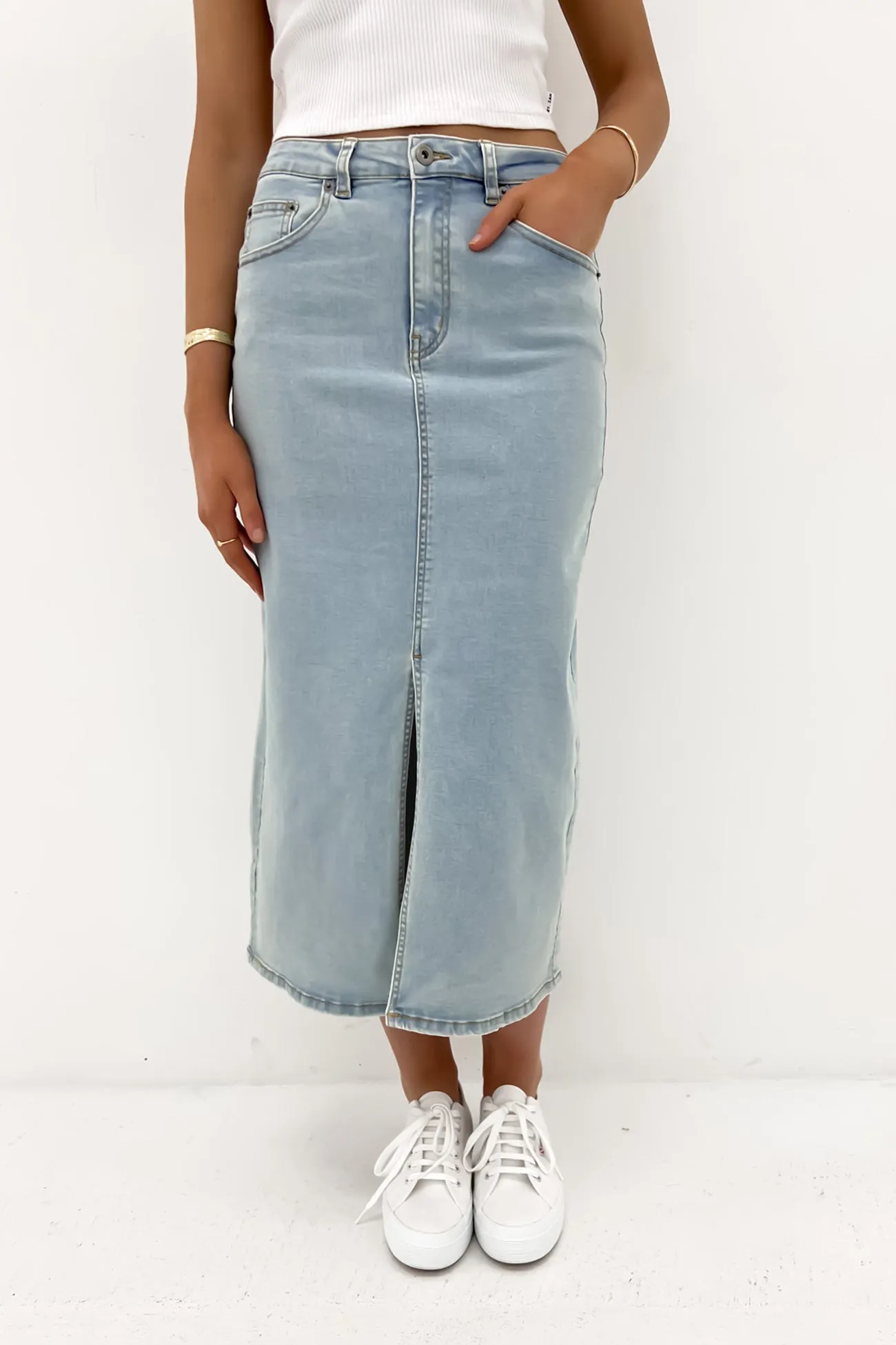 Alivia Denim Midi Skirt Light Blue Matching Belt