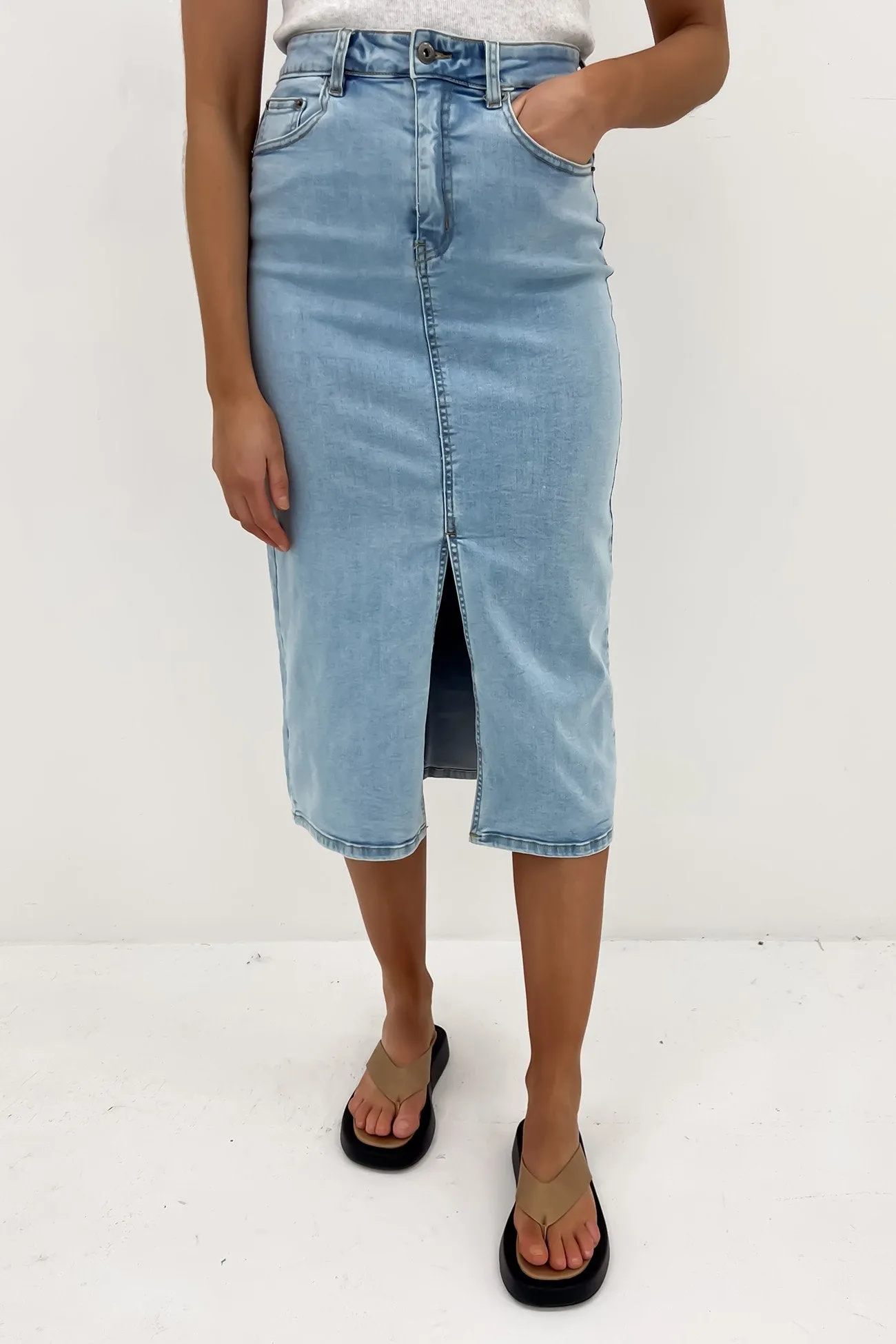 Lined interior Alivia Denim Midi Skirt Light Blue