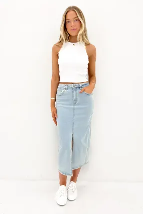 Lined interior Alivia Denim Midi Skirt Light Blue