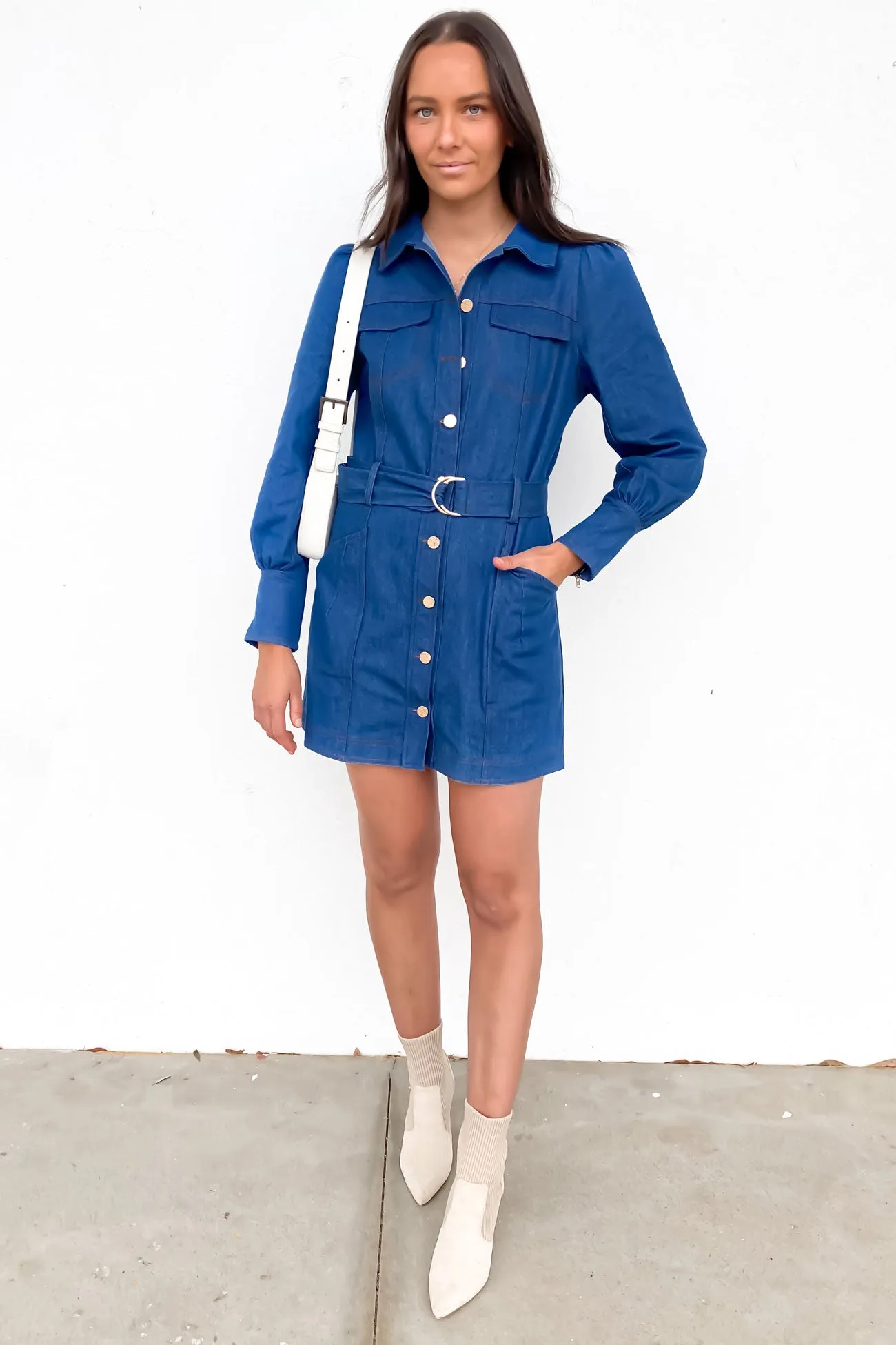 Printed-Fabric Amelia Denim Mini Dress Mid Blue