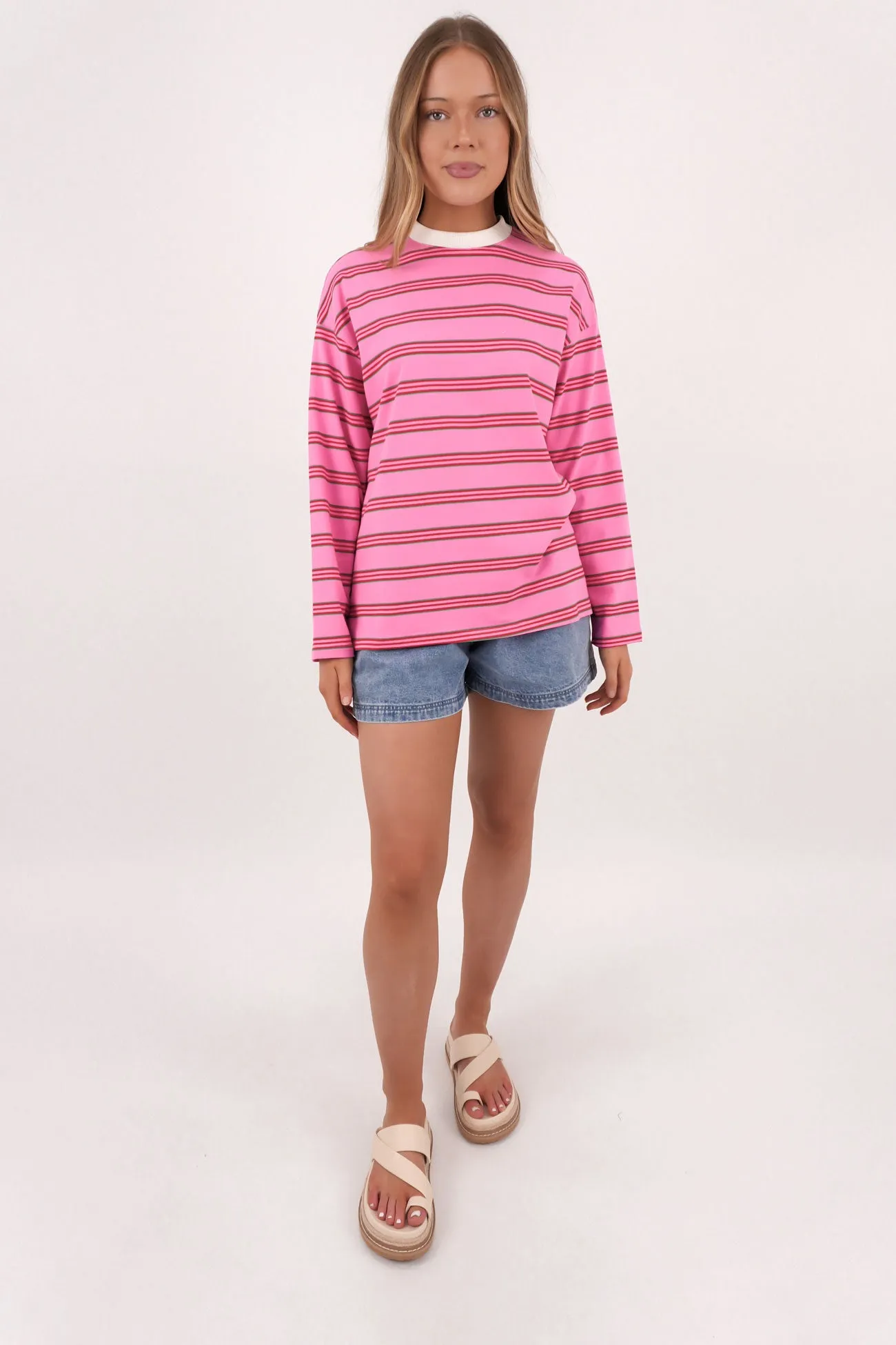 Amiah Long Sleeve Tee Pink Stripe Floral Motif Rice
