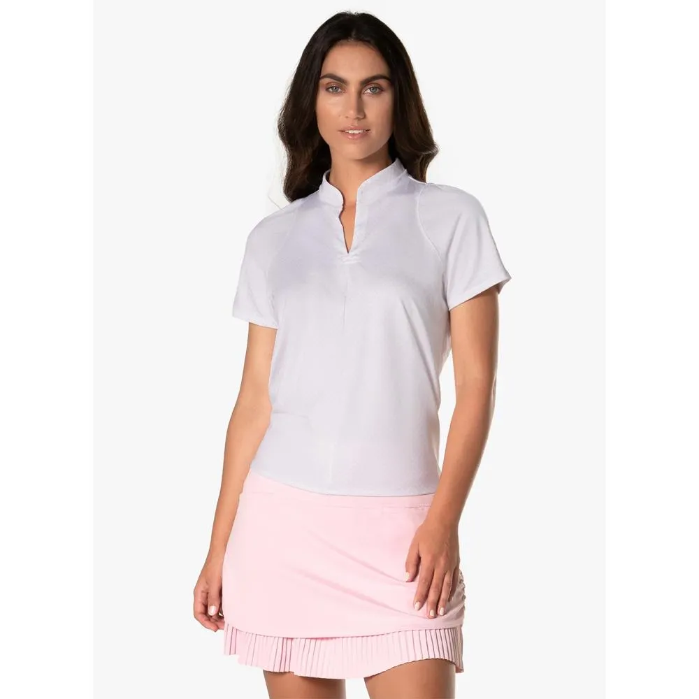 anti static Lucky In Love Women's Deco Grid Tie Back Short Sleeve - White/Pink Emblazoned