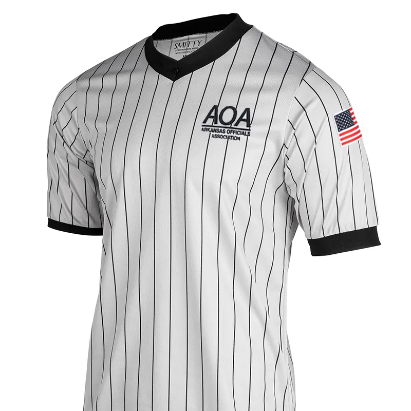 Breathable mesh Double Stitched Hems Arkansas AOA Logo Basketball Referee V-Neck