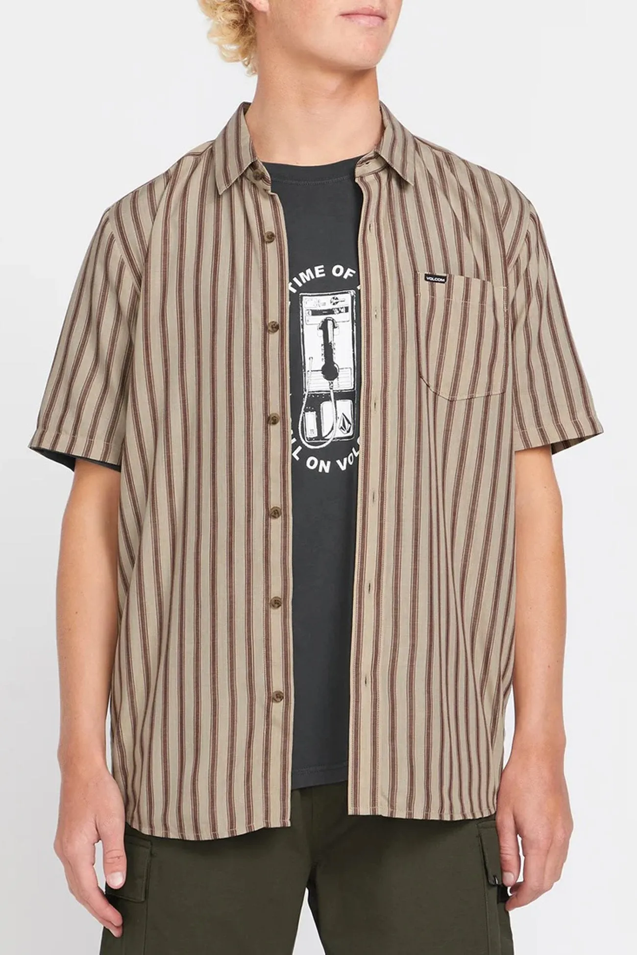 Micro Perforated Texture Arvostripe Woven Short Sleeve Shirt Light Khaki