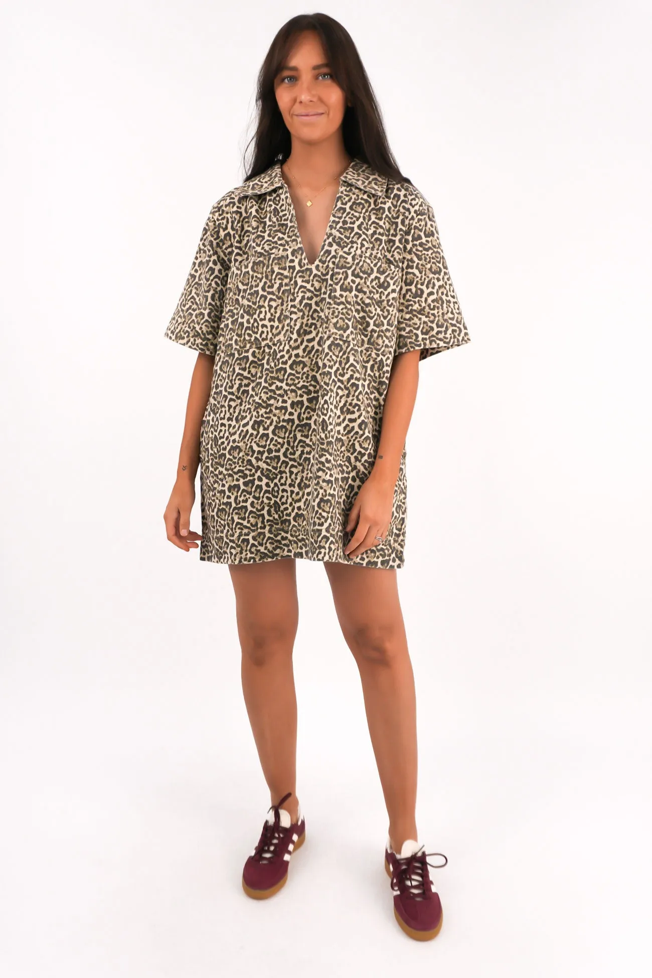 Audrey Denim Mini Dress Leopard Off-Shoulder