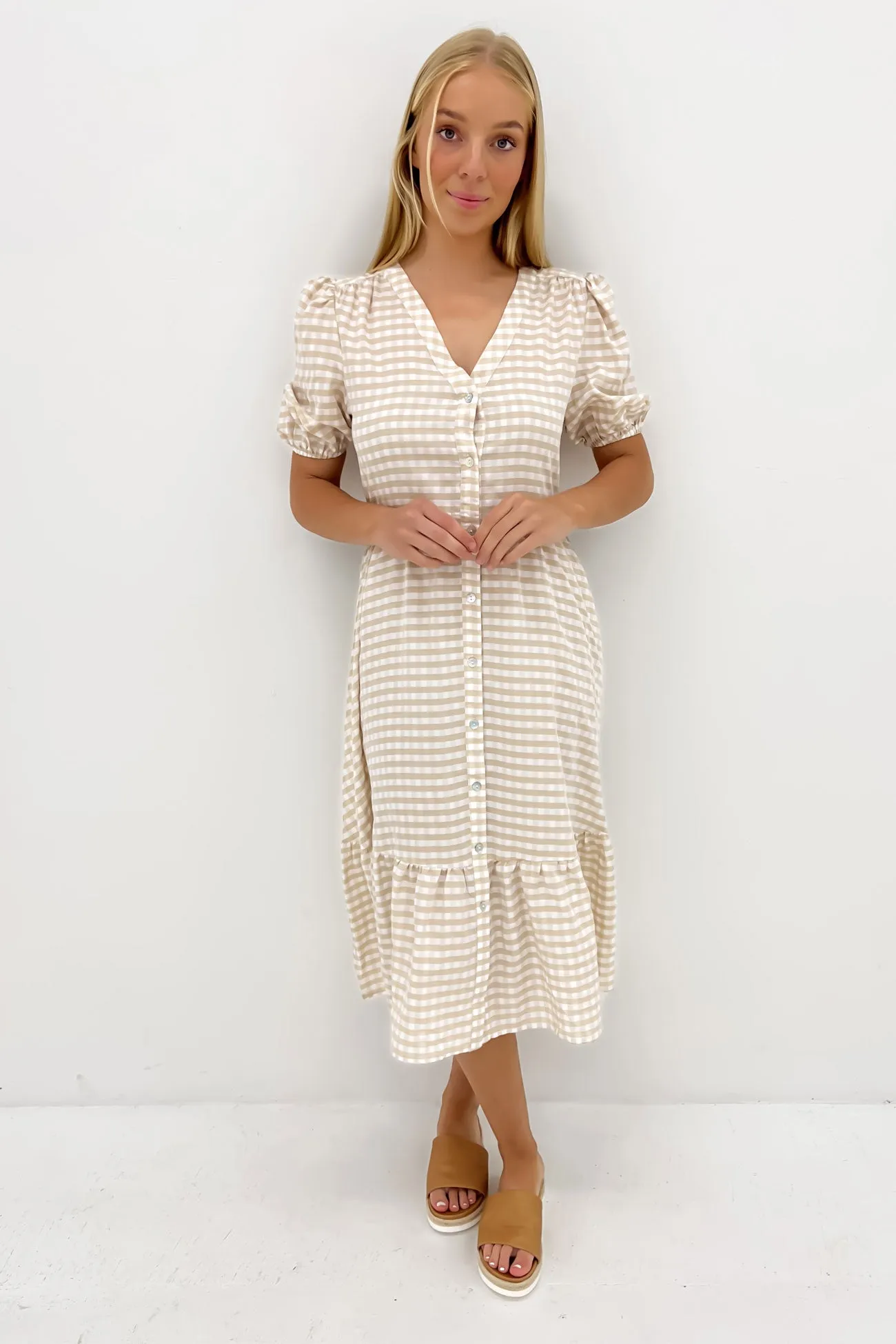 Kingston Midi Dress Latte Gingham Sleek Layer