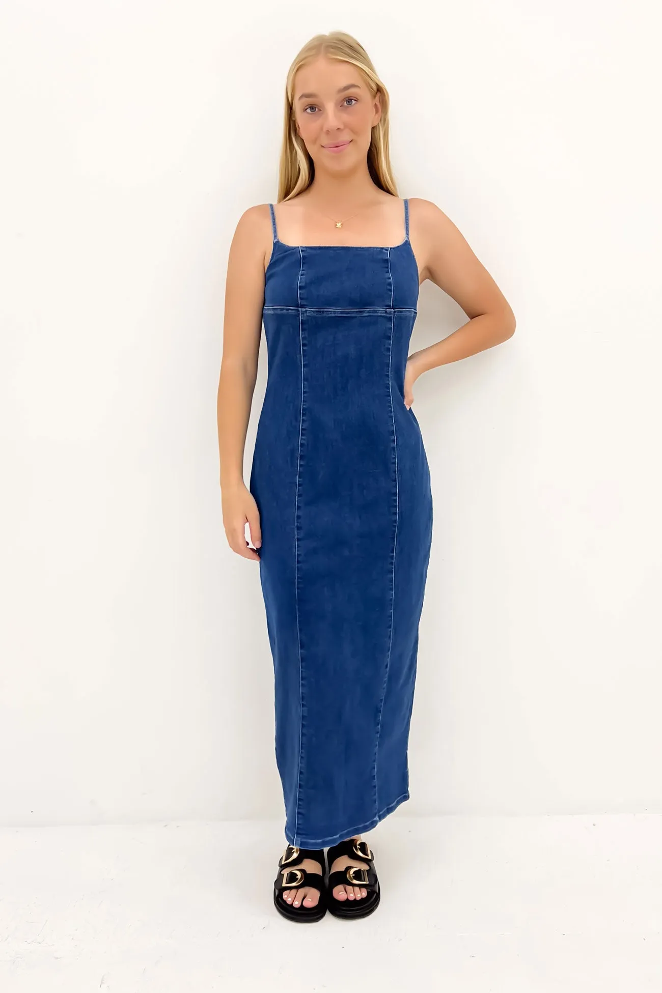 Romy Denim Midi Dress Indigo Cinched-Waist