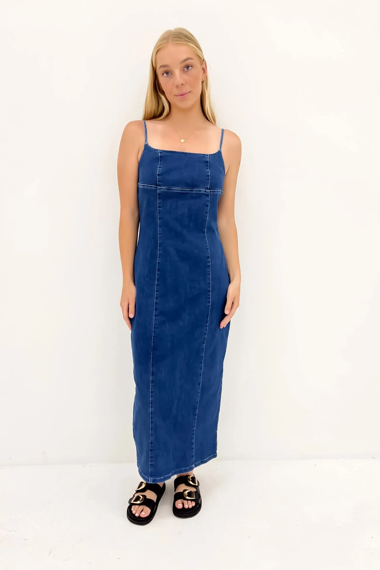 Romy Denim Midi Dress Indigo Minimal Details Sleek Silhouette