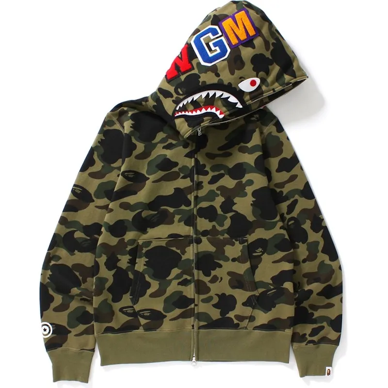 Bape 1St Camo Shark Full Zip Hoodie Green Weave