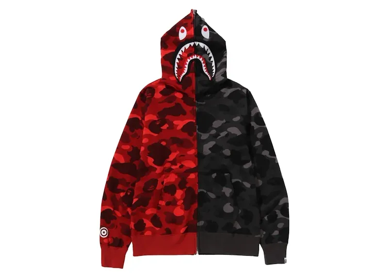 Bape Color Camo Separate Shark Fz Hoodie Red/Black Zippered Hood Stain-Resistant