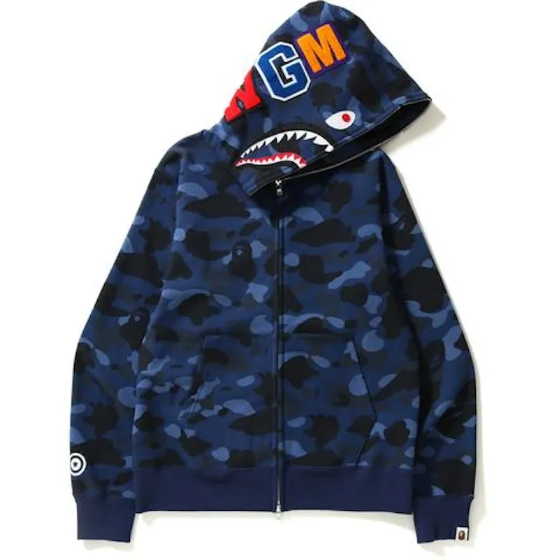 Bape Color Camo Shark Full Zip  Hoodie Blue Shirred Waistband Design