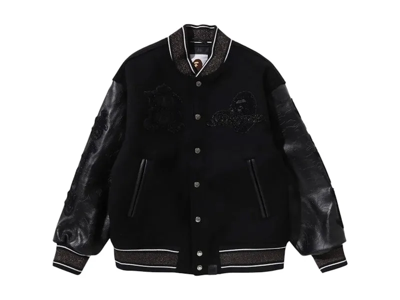 Soft Touch Affordable Bape Line Camo Multi Logo Wool Varsity Jacket Black