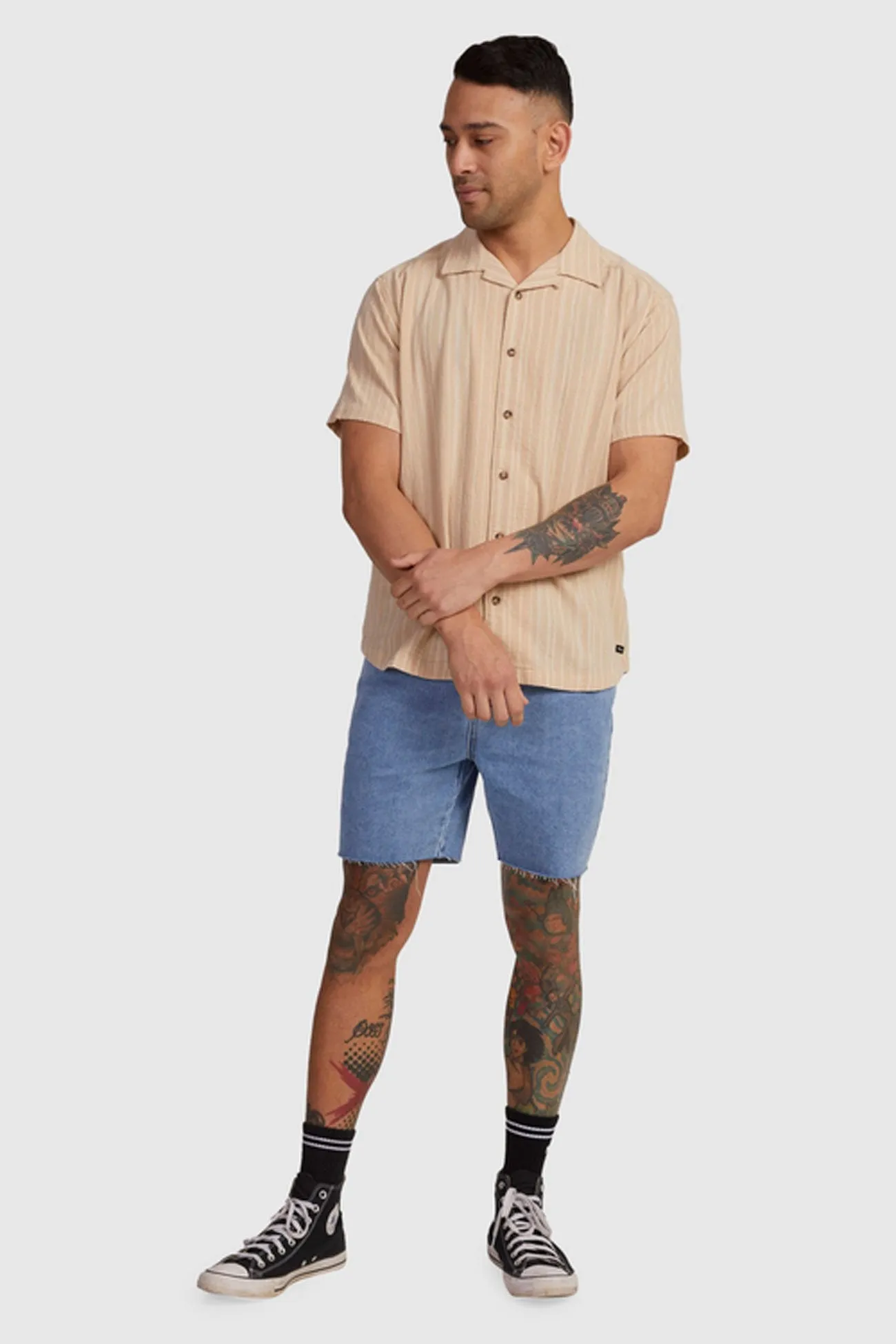 Lightweight Layers Vibrant Colors Beat Stripe Short Sleeve Shirt Tan