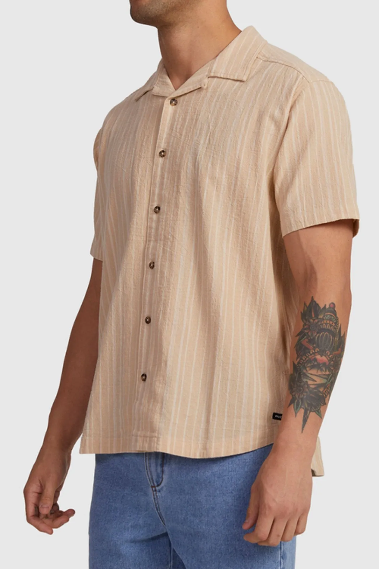 Plus Size Fit Rooftop Bar Beat Stripe Short Sleeve Shirt Tan