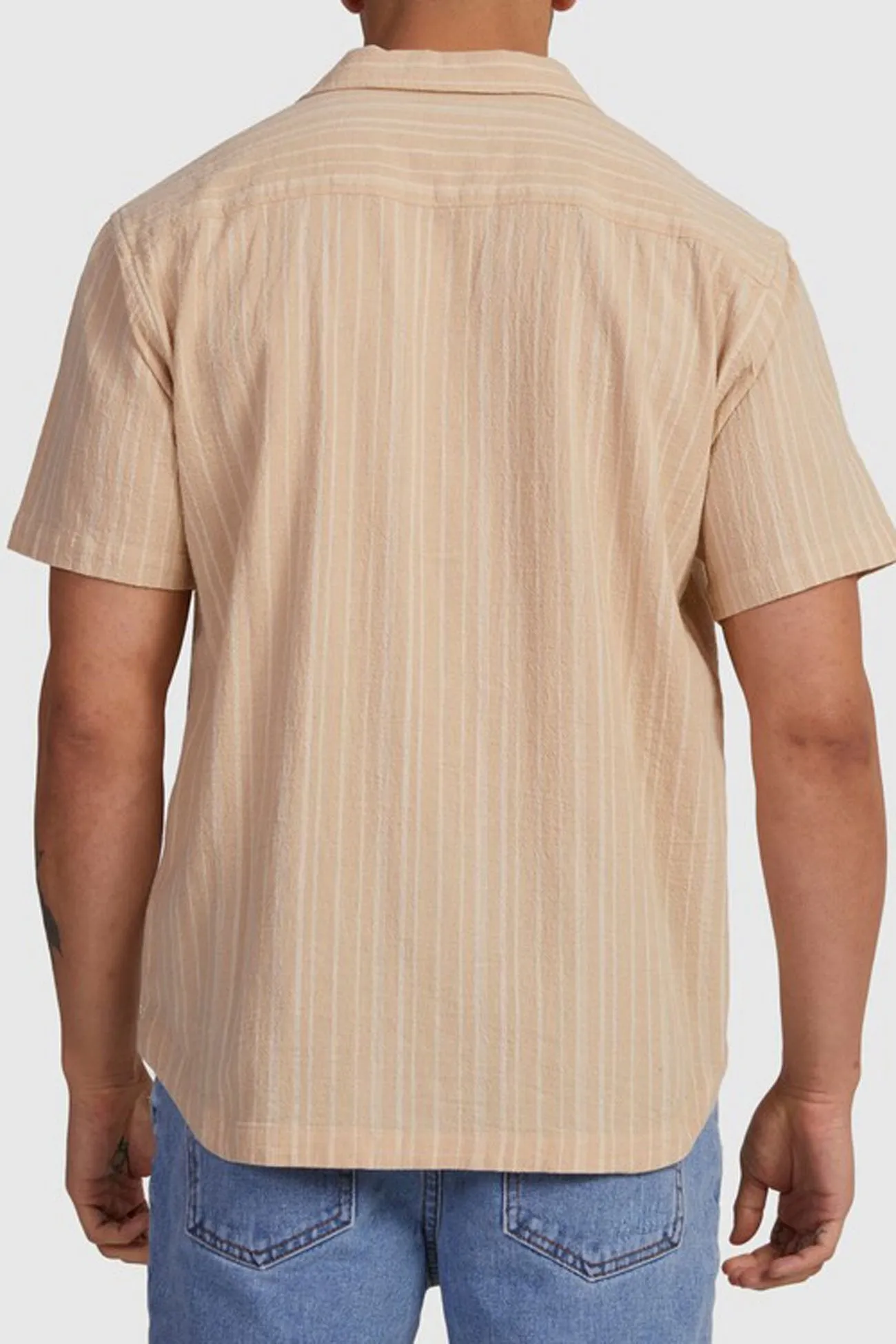 Odor Resistant Summer Vibes Beat Stripe Short Sleeve Shirt Tan