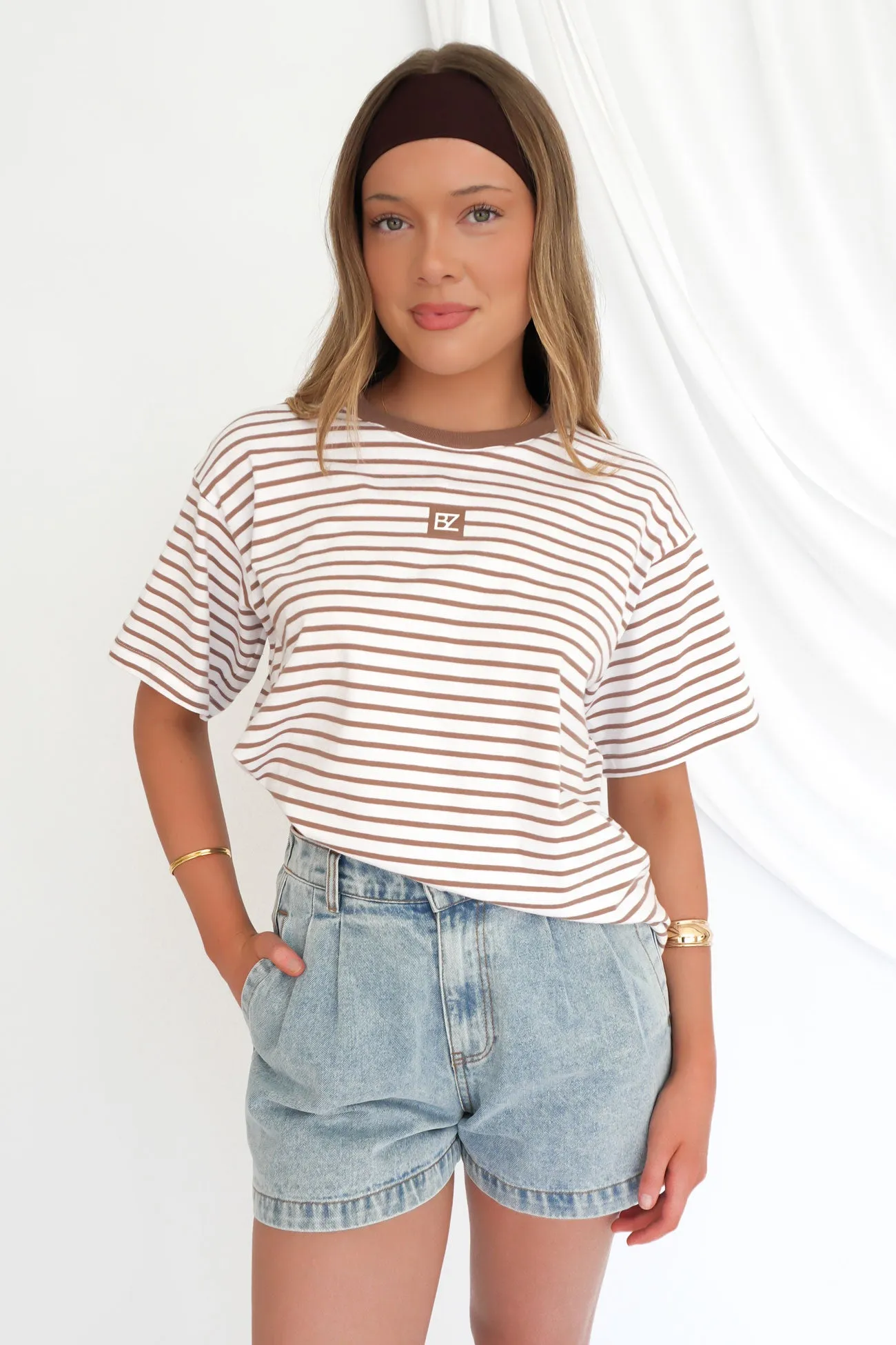 Beau Stripe Tee Brown Stripe FunctionalPockets Heather Jersey Material