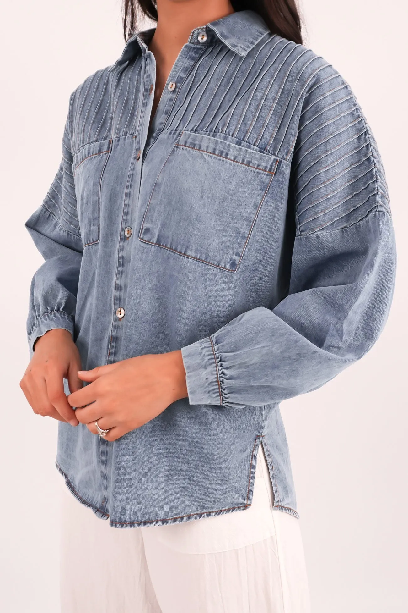 Ruffle Edge Solid Color Belle Denim Shirt Blue