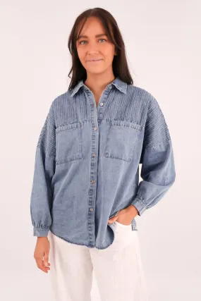 Belle Denim Shirt Blue Designer Look Flexible Knit