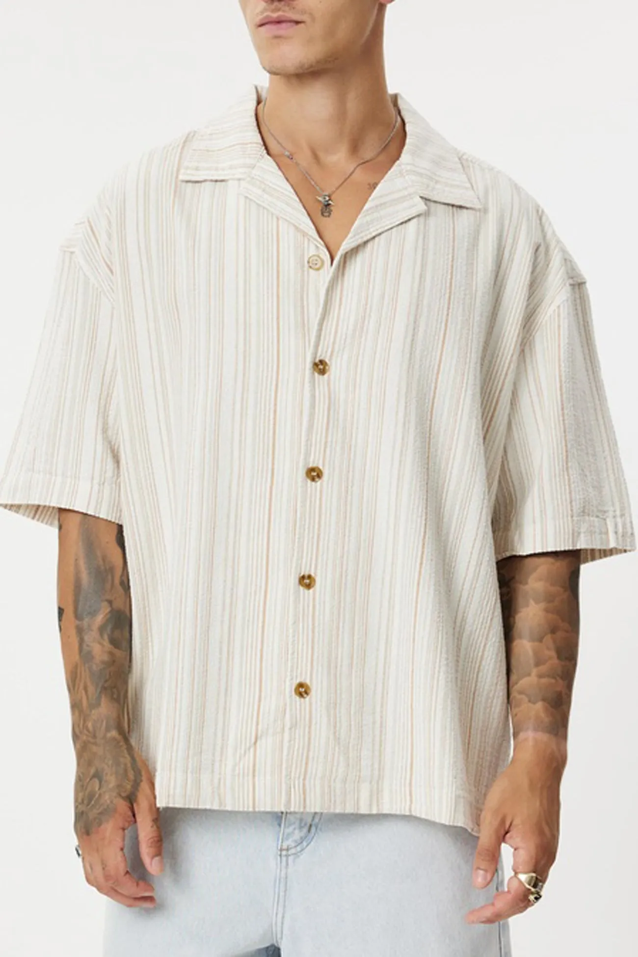 Asymmetrical Cut Trendy Pattern Benny Relaxed Stripe Short Sleeve Shirt Cream