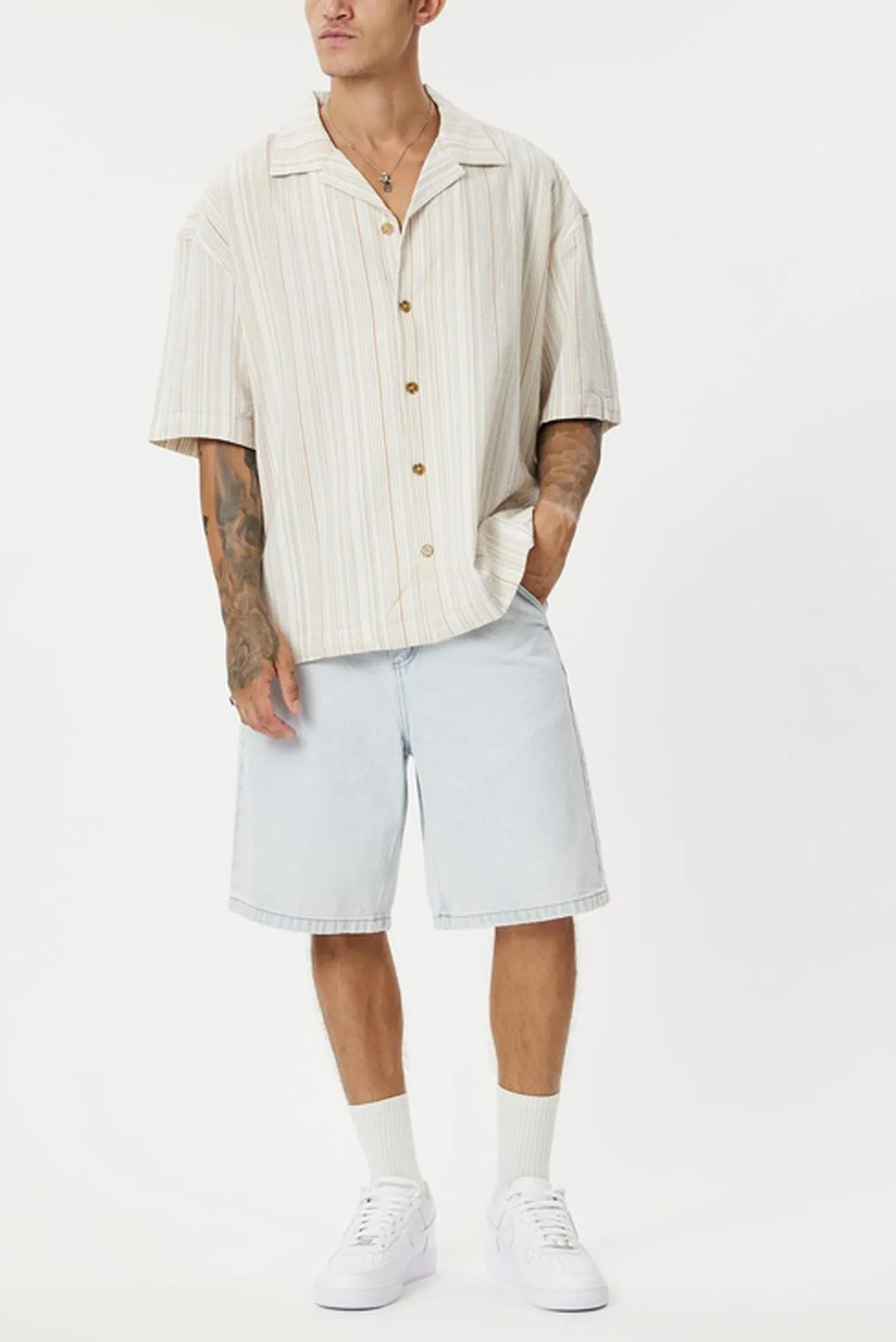 Date night Essential Wardrobe Benny Relaxed Stripe Short Sleeve Shirt Cream