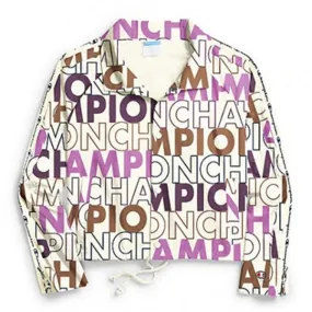 Fuzzy Surface Leather Trim Big Block Text Cropped Jacket Women