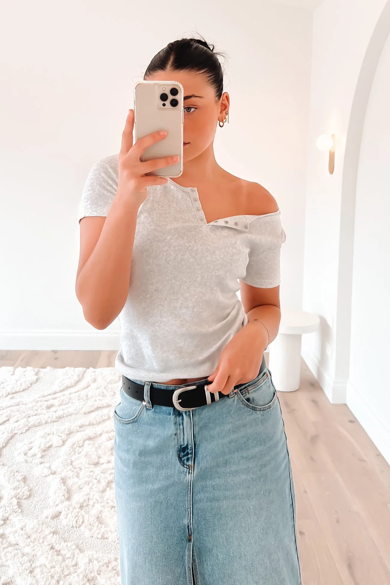 Billie Rib Buttoned Tee Snow Marle QuickDry Material