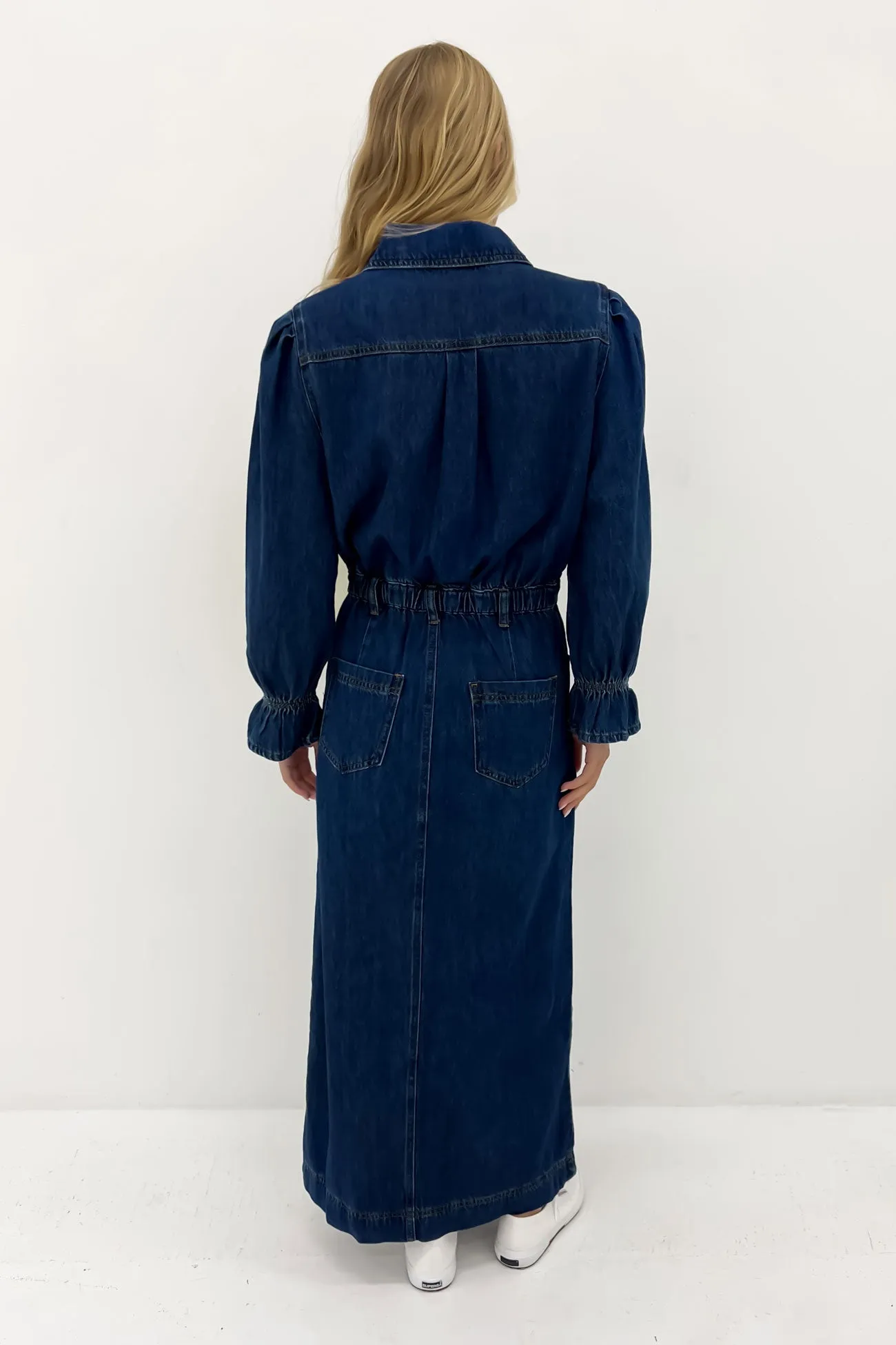 Side-Slit Polished office dress Macey Denim Maxi Dress Mid Blue