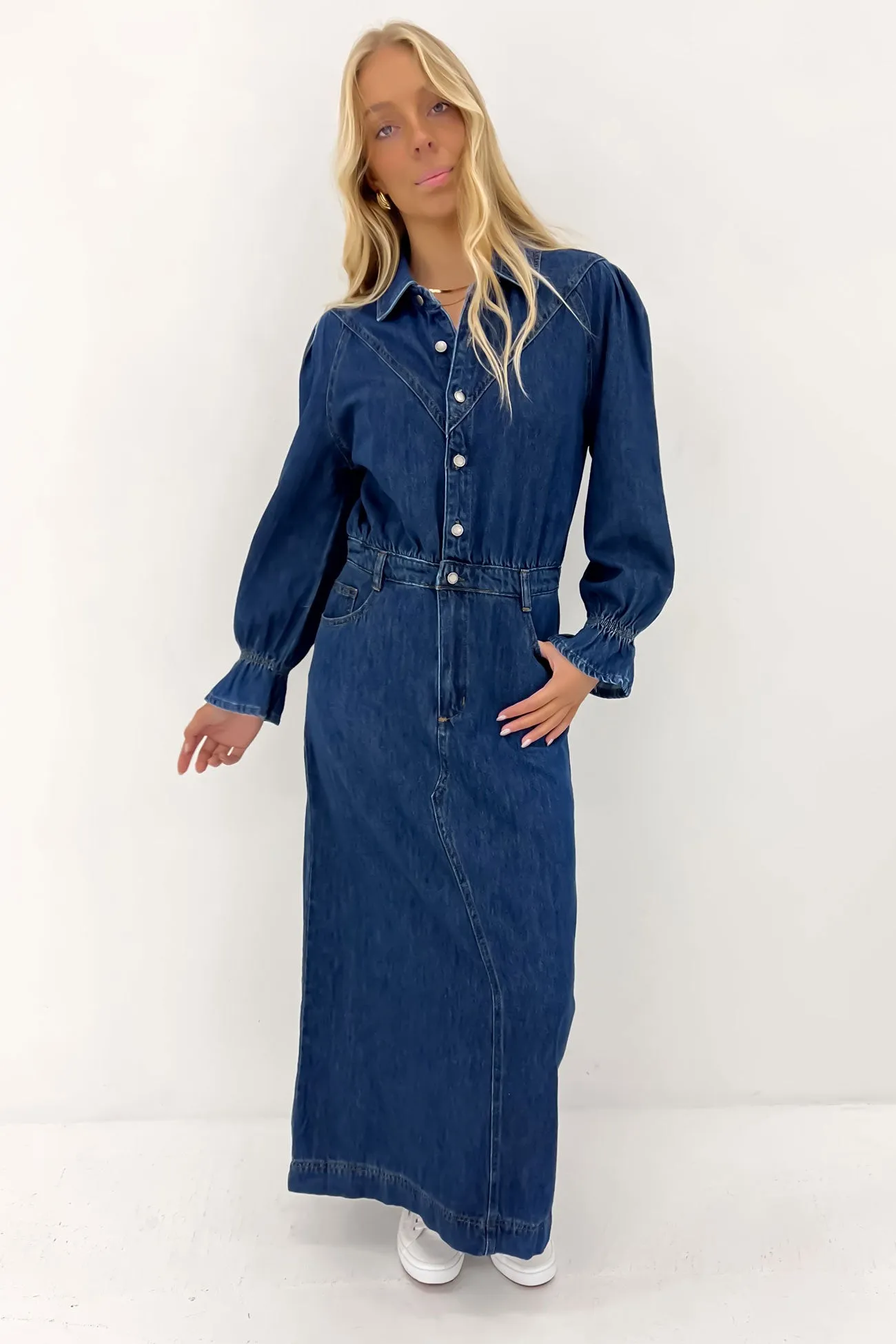 Macey Denim Maxi Dress Mid Blue Linen Vibe