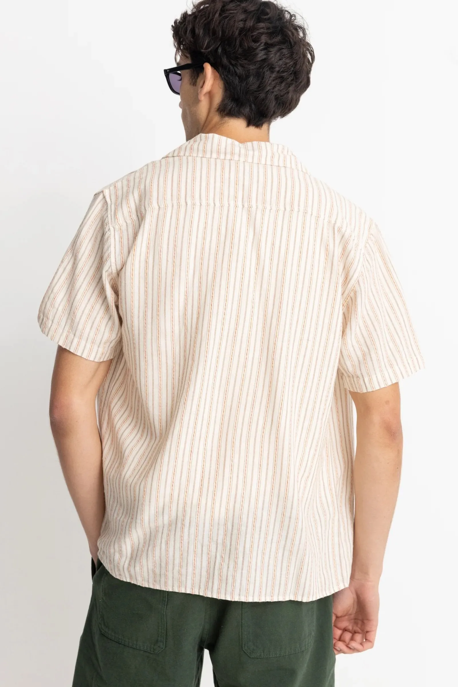 Loose Comfort Static Dissipating Fiber Vacation Stripe Short Sleeve Shirt Natural