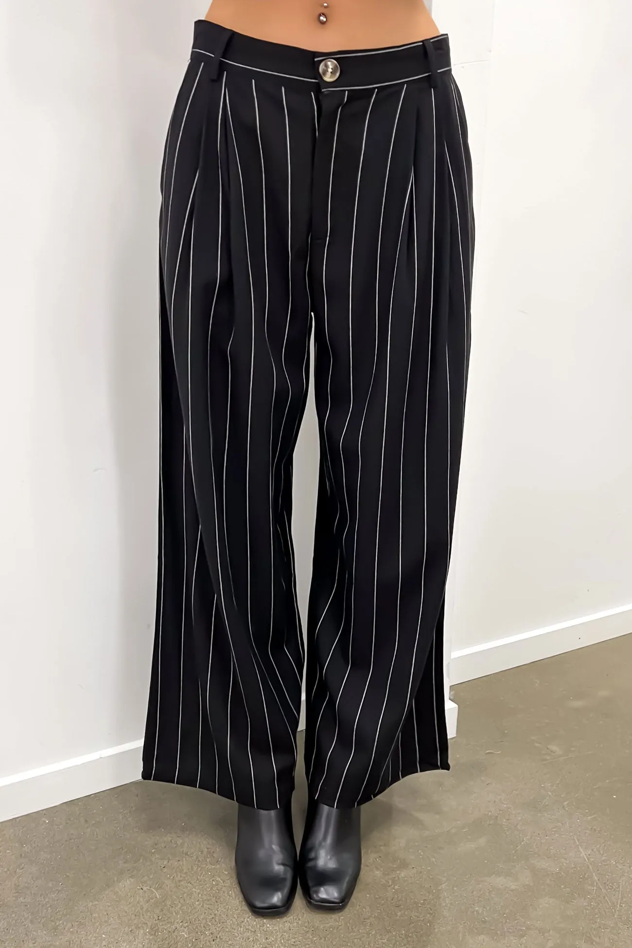 Thea Pant Black Pinstripe Work Ready Non Binding Waist