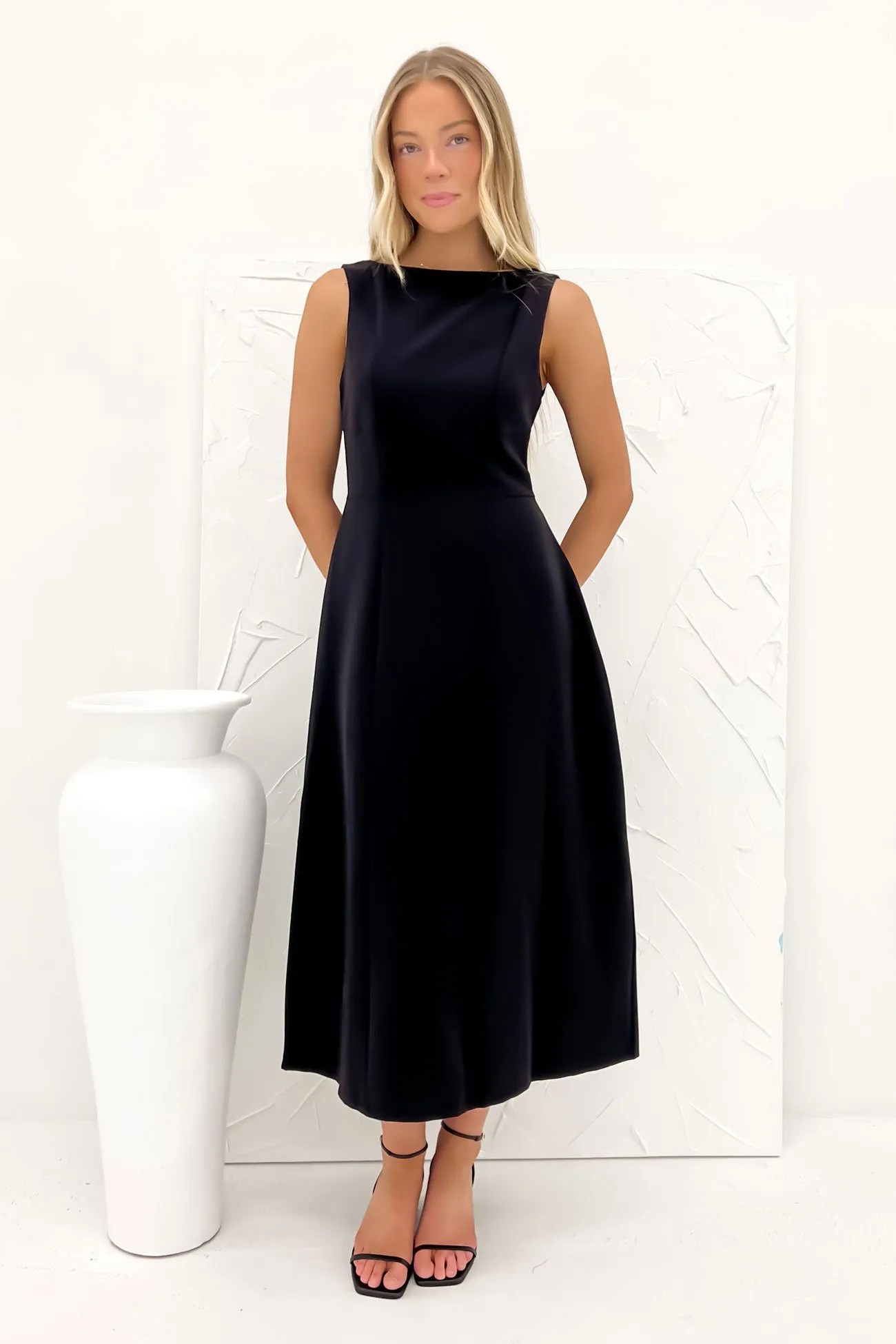 Briony Midi Dress Black Adjustable-Straps Sophisticated Elegance
