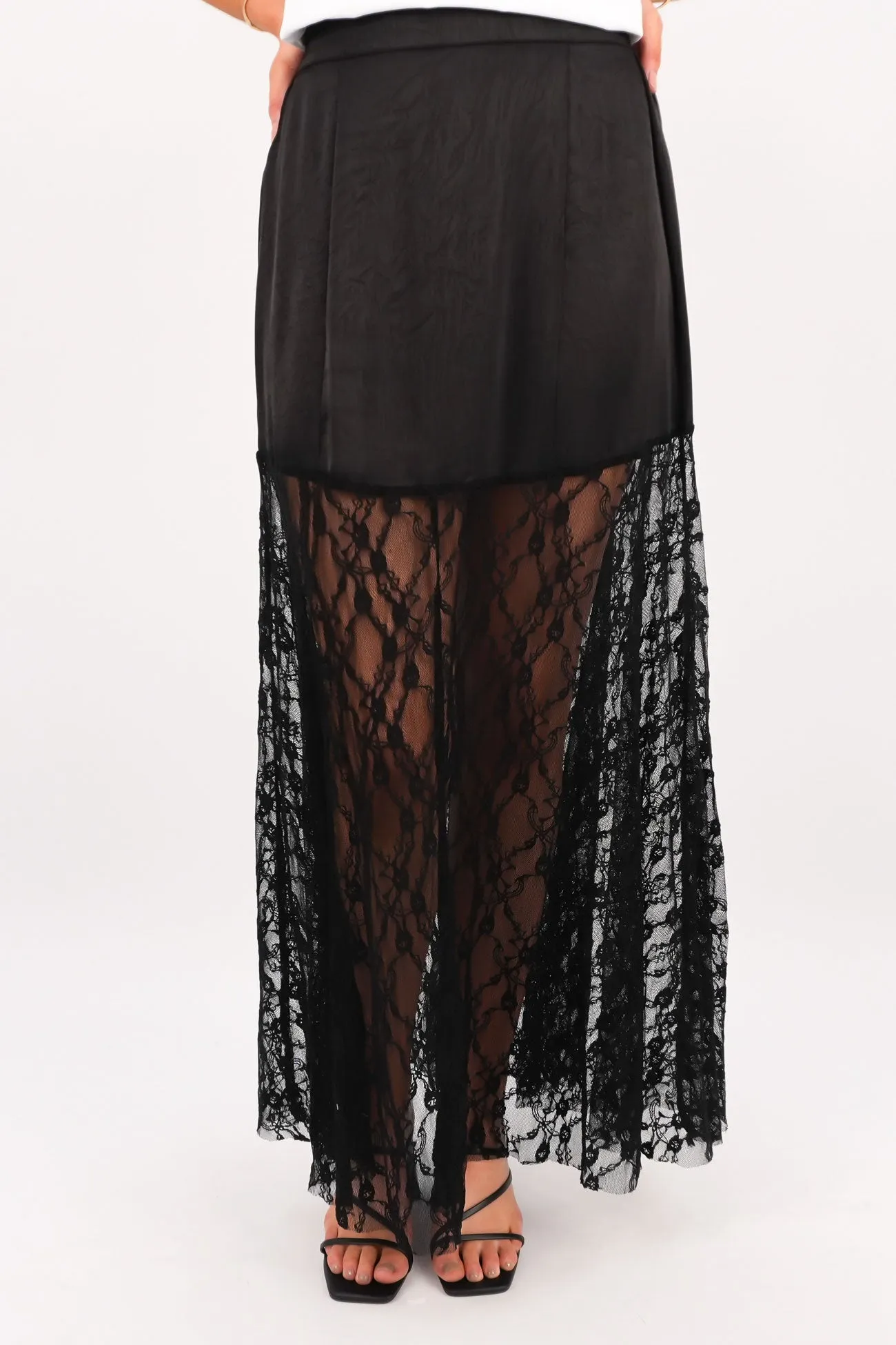 Brody Lace Maxi Skirt Black Mid Rise Comfort First