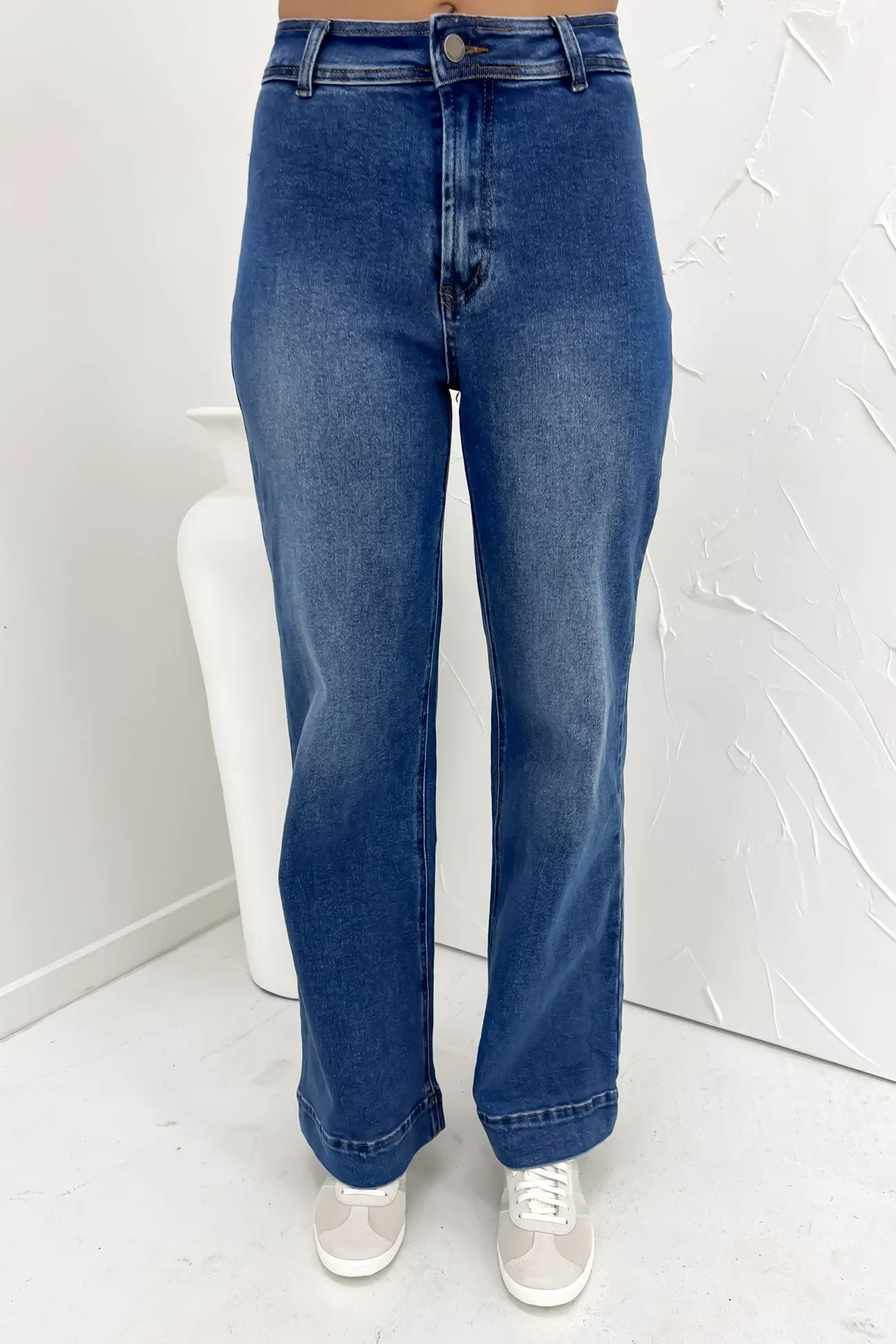 Mahnee Flare Jean Mid Blue Modern Minimalist Fashion Lover Stylish Daily Wear Parent Style