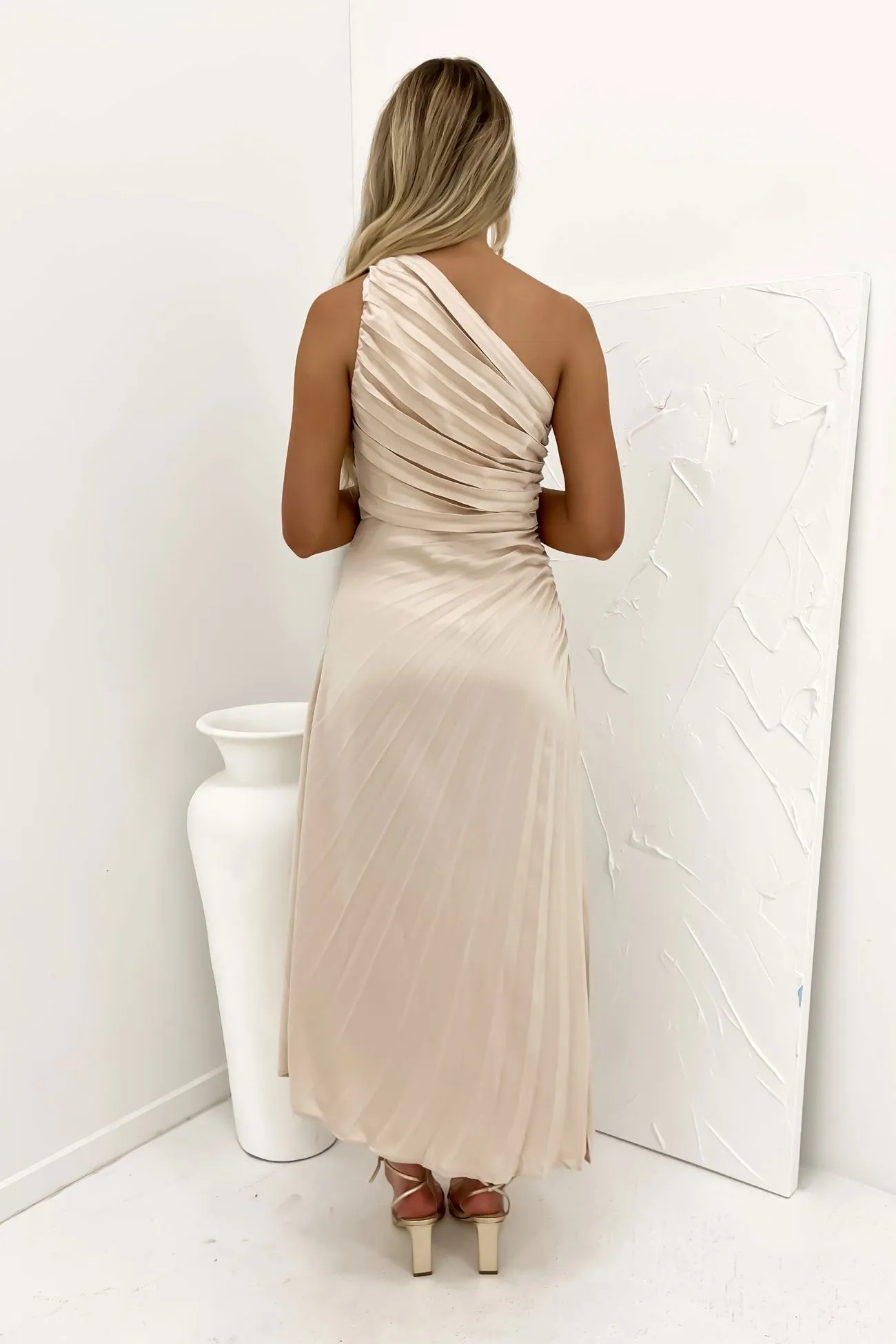 Caralee Midi Dress Champagne Timeless and Comfortable Feminine Details